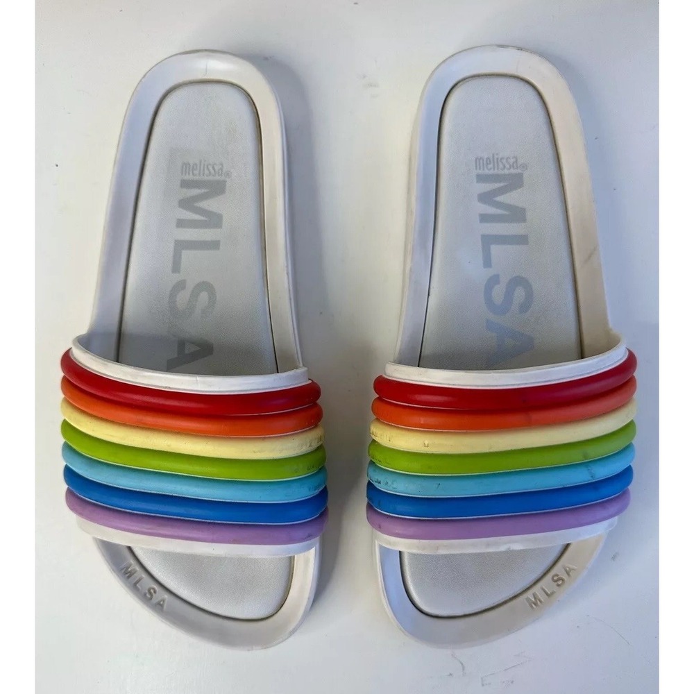 Melissa Rainbow Slides White Striped Rubber Sandal / Women's‎ 8